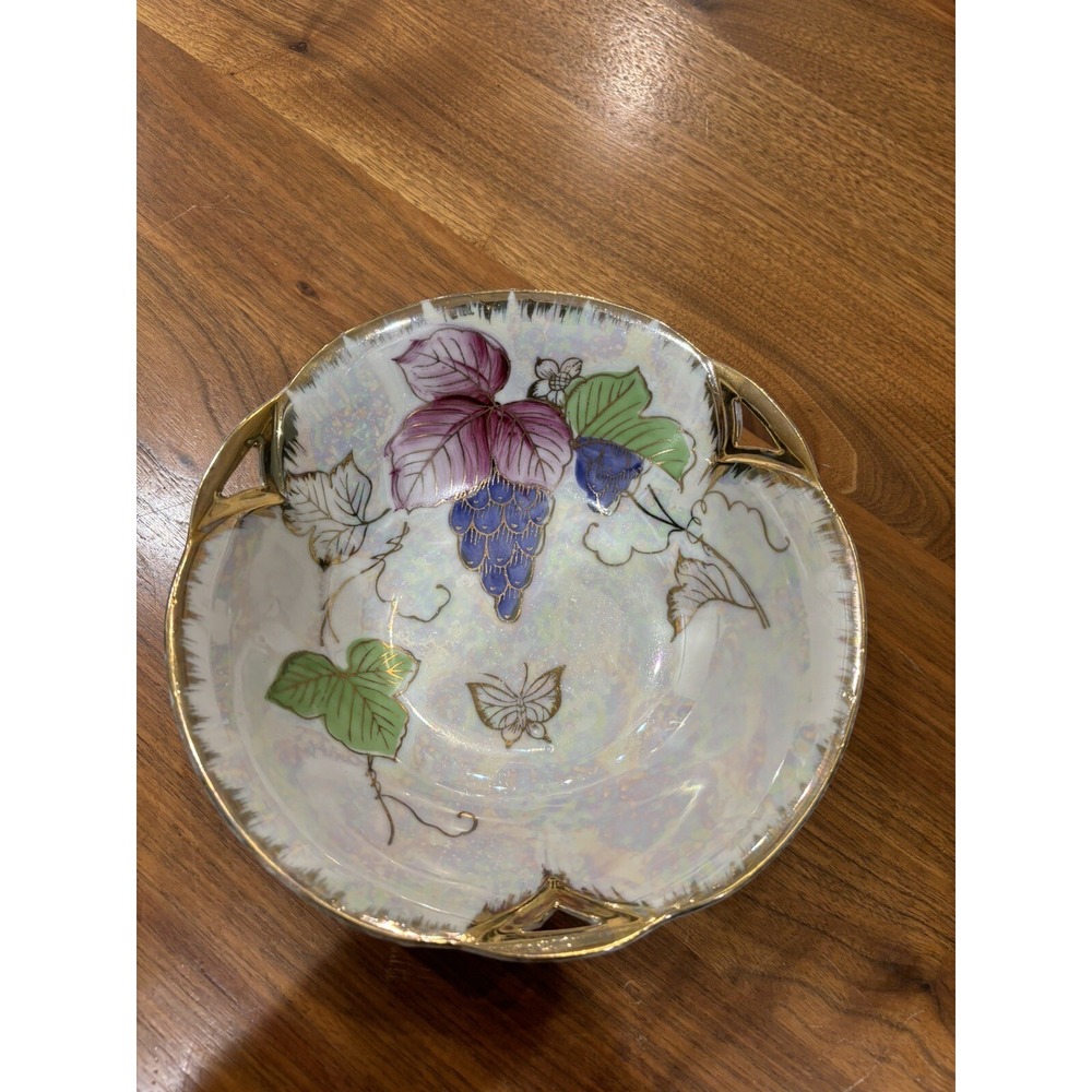 Vintage Porcelain Bowl Purple Grapes And‎ Butterflies - Lusterware